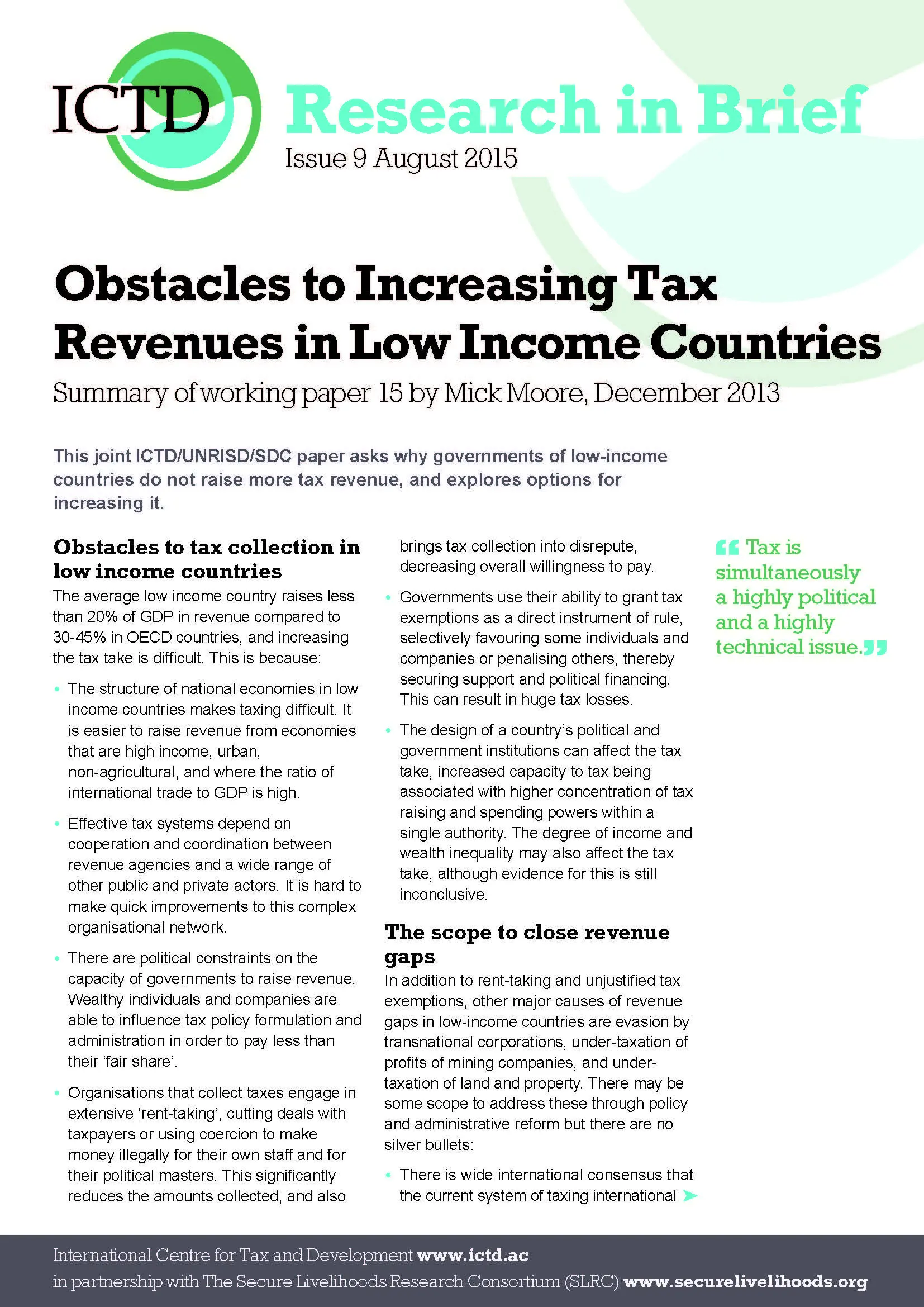 Obstacles to Increasing Tax Revenues in Low Income Countries