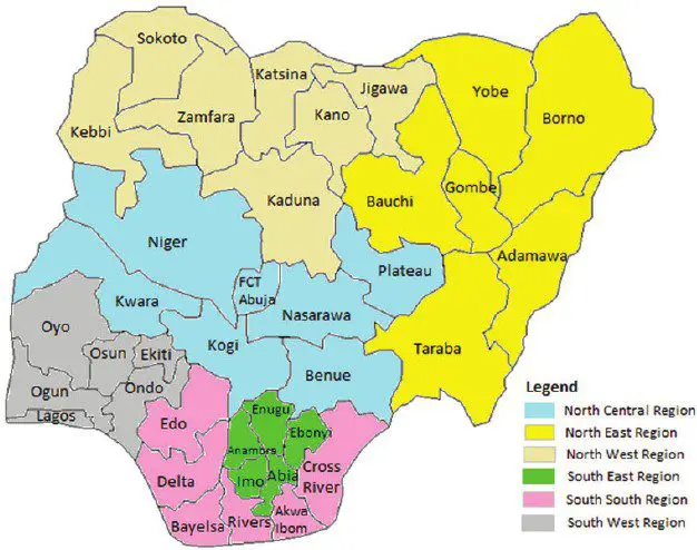 Carte des États du Nigeria colorés par zone géopolitique