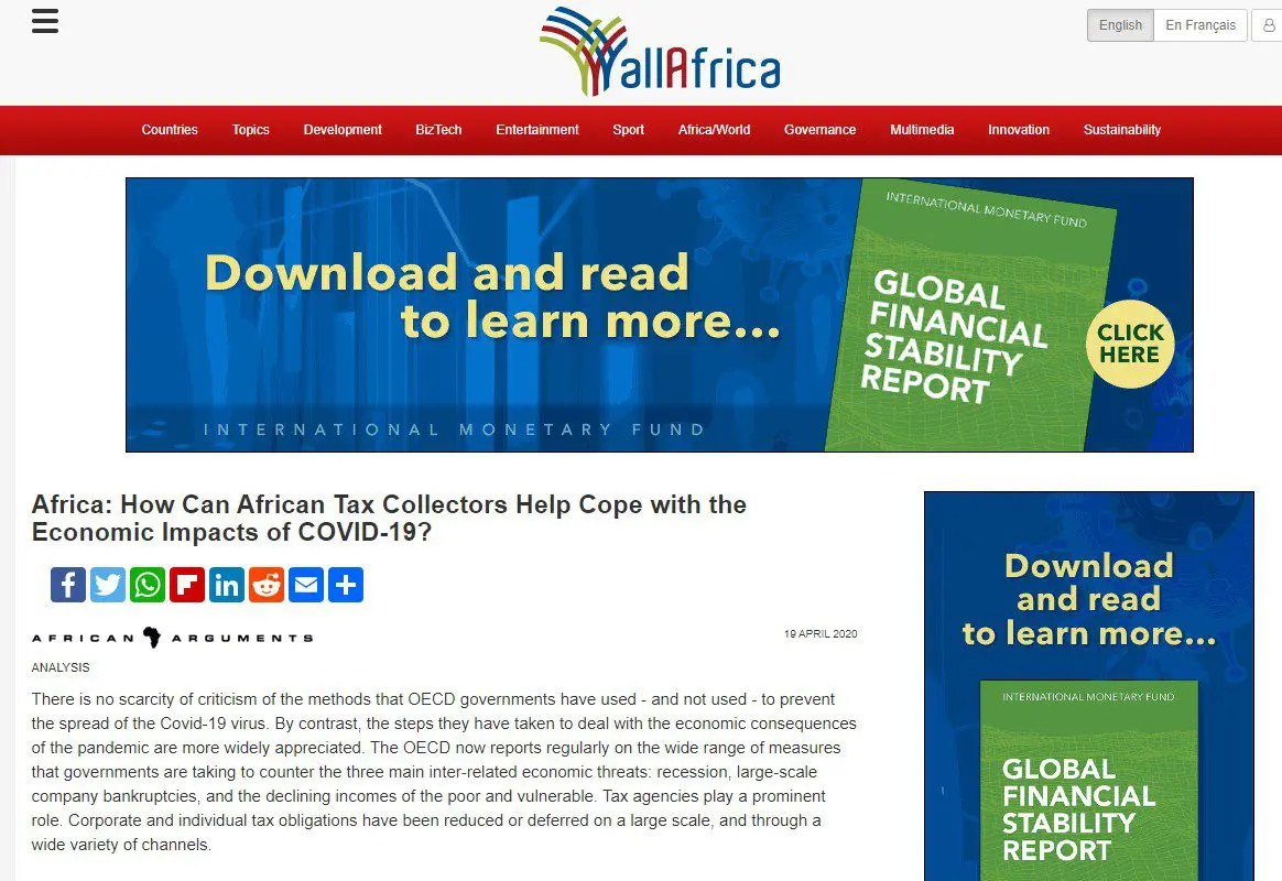 Capture d'écran de l'article d'AllAfrica : How Can African Tax Collectors Help Cope with the Economic Impacts of Covid-19?