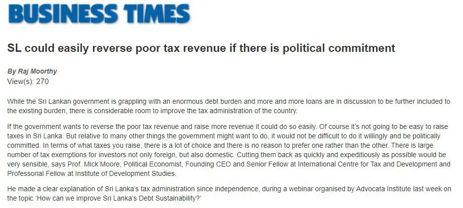 Screenshot of the Business Times article: SL could easily reverse poor tax revenue if there is political commitment