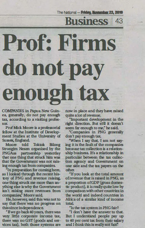 Newspaper clipping from The National: Prof: Firms do not pay enough tax