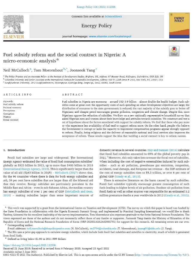 Fuel subsidy reform and the social contract in Nigeria: A micro-economic analysis