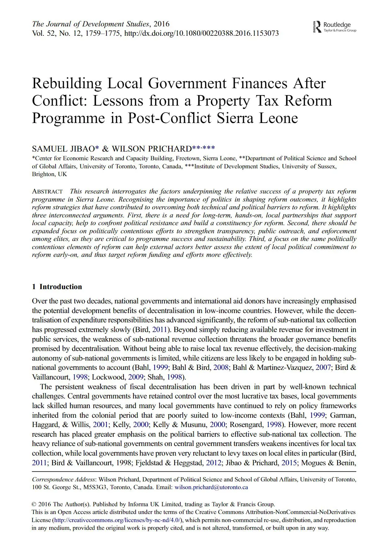 Rebuilding Local Government Finances After Conflict: Lessons from a Property Tax Reform Programme in Post-Conflict Sierra