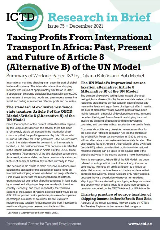 Taxing Profits From International Transport In Africa: Past, Present and Future of Article 8 (Alternative B) of the UN Model