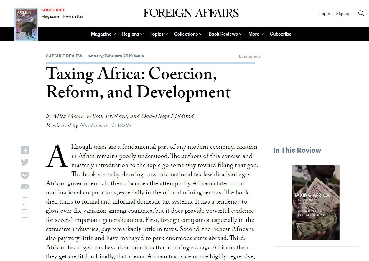 « Taxing Africa » recensé par le magazine Foreign Affairs