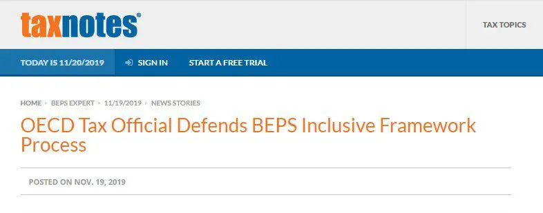 Capture d'écran de l'article de Tax Notes : OECD Tax Official Defends BEPS Inclusive Framework Process
