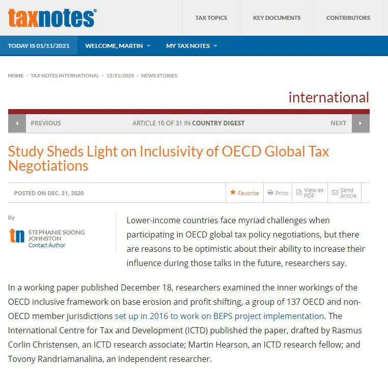 Un document de travail de l’ICTD dans Tax Notes International