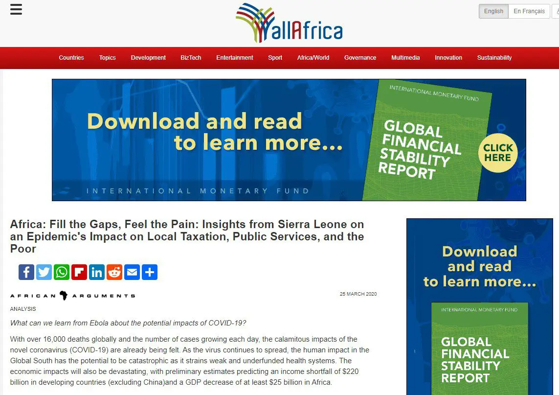 Capture d'écran de l'article d'AllAfrica : Fill the Gaps, Feel the Pain, sur l'effet d'une épidémie sur la fiscalité locale en Sierra Leone