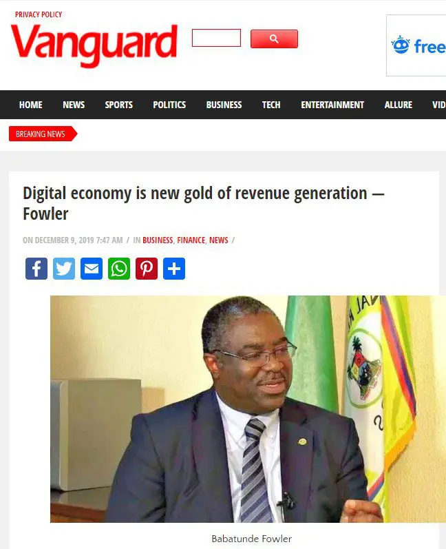 Capture d'écran de l'article de Vanguard : Digital economy is new gold of revenue generation, Fowler