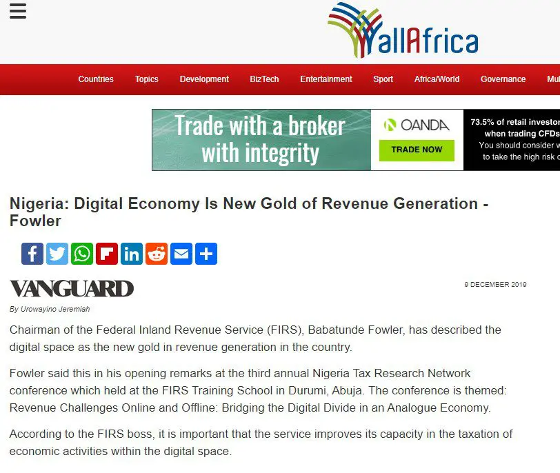 Capture d'écran de l'article d'AllAfrica : Nigeria: Digital Economy Is New Gold of Revenue Generation, Fowler