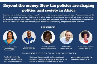 An art card for the event "Beyond the money: How tax policies are shaping politics and society in Africa". It has a dark blue background and headshots of each of the five speakers.