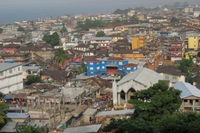 Wide shot view from above of a condensed area in Freetown, Sierra Leone