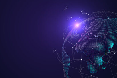 A 3D graphic of the Earth focusing on Africa where continents are connected by various lines, symbolising digital connectedness.