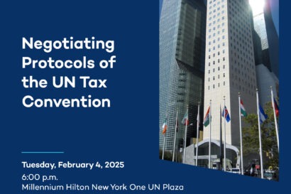 Poster advertising a workshop on negotiating protocols of the UN Tax Convention providing information about time, location and date. Also features an image of the UN skyscraper office block on New York.