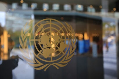 UN logo sticker on a glass wall