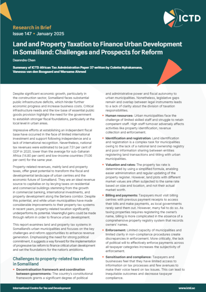 Land and Property Taxation to Finance Urban Development in Somaliland: Challenges and Prospects for Reform