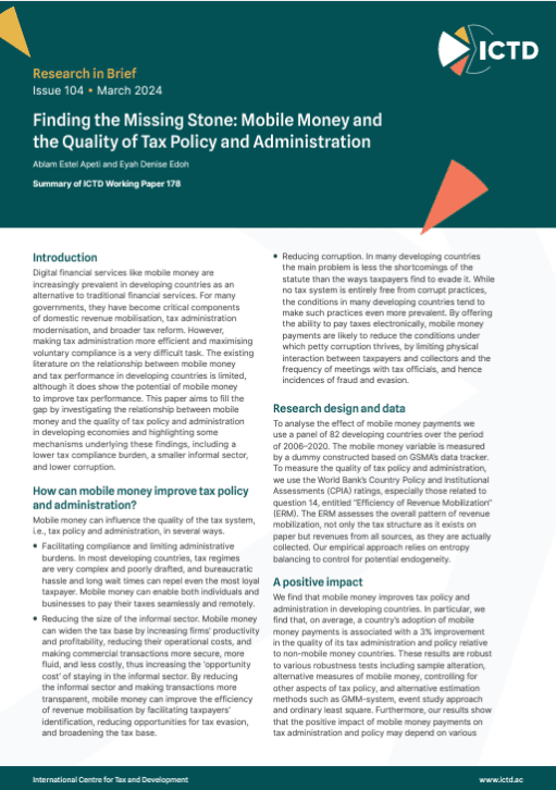 Finding the Missing Stone: Mobile Money and the Quality of Tax Policy and Administration