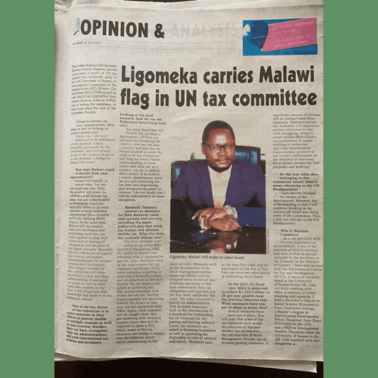 Waziona Ligomeka nommé au Comité d’experts des Nations Unies sur la coopération internationale en matière fiscale